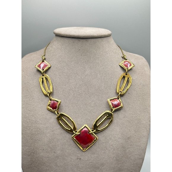 Vintage 70s Brutalist Necklace Handcrafted Brass & Enamel Statement Jewelry - Picture 3 of 6